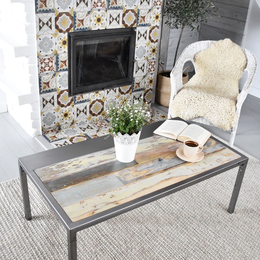 Old barn wood coffee table rustic style organic planks wood reclaimed solid wood white blue gray silver steel table loft modern contry MFW - Image 3