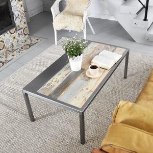 Old barn wood coffee table rustic style organic planks wood reclaimed solid wood white blue gray silver steel table loft modern contry MFW