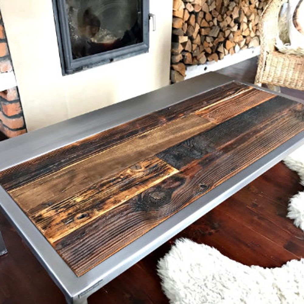 Old barn wood coffee table silver legs organic planks dark brown wood reclaimed solid wood steel legs loft end table industrial style MFW - Image 3