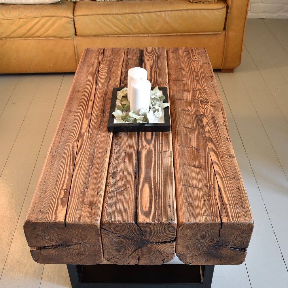 Old beams coffee table, black metal legs. Rustic style organic barn wood reclaimed solid dark wood and steel legs massive table MFWdesign - Image 9