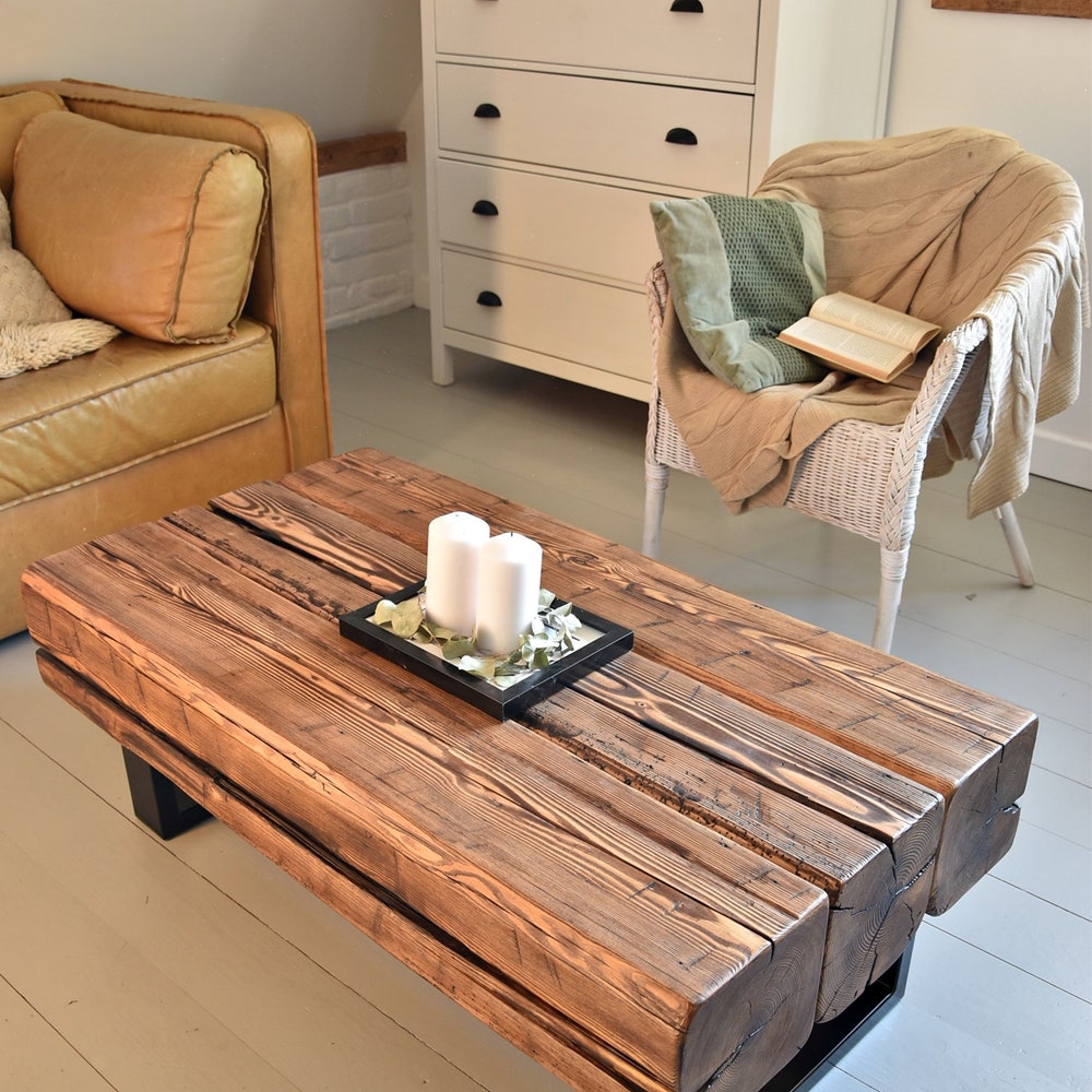 Old beams coffee table, black metal legs. Rustic style organic barn wood reclaimed solid dark wood and steel legs massive table MFWdesign - Image 10