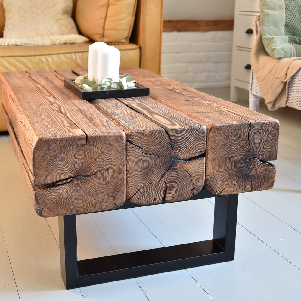 Old beams coffee table, black metal legs. Rustic style organic barn wood reclaimed solid dark wood and steel legs massive table MFWdesign - Image 5