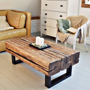 Old beams coffee table, black metal legs. Rustic style organic barn wood reclaimed solid dark wood and steel legs massive table MFWdesign