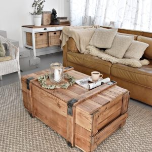 Old chest box army box coffee table rustic style organic reclaimed solid light wood on wheles massive table military farmhouse MFW design