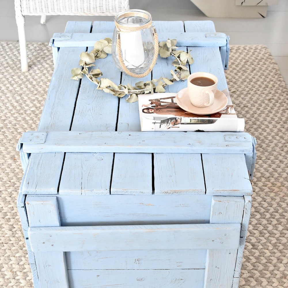 Old pastel blue chest army box coffee table rustic chic style organic country barn wood reclaimed solid wood on wheles massive table MFW - Image 5