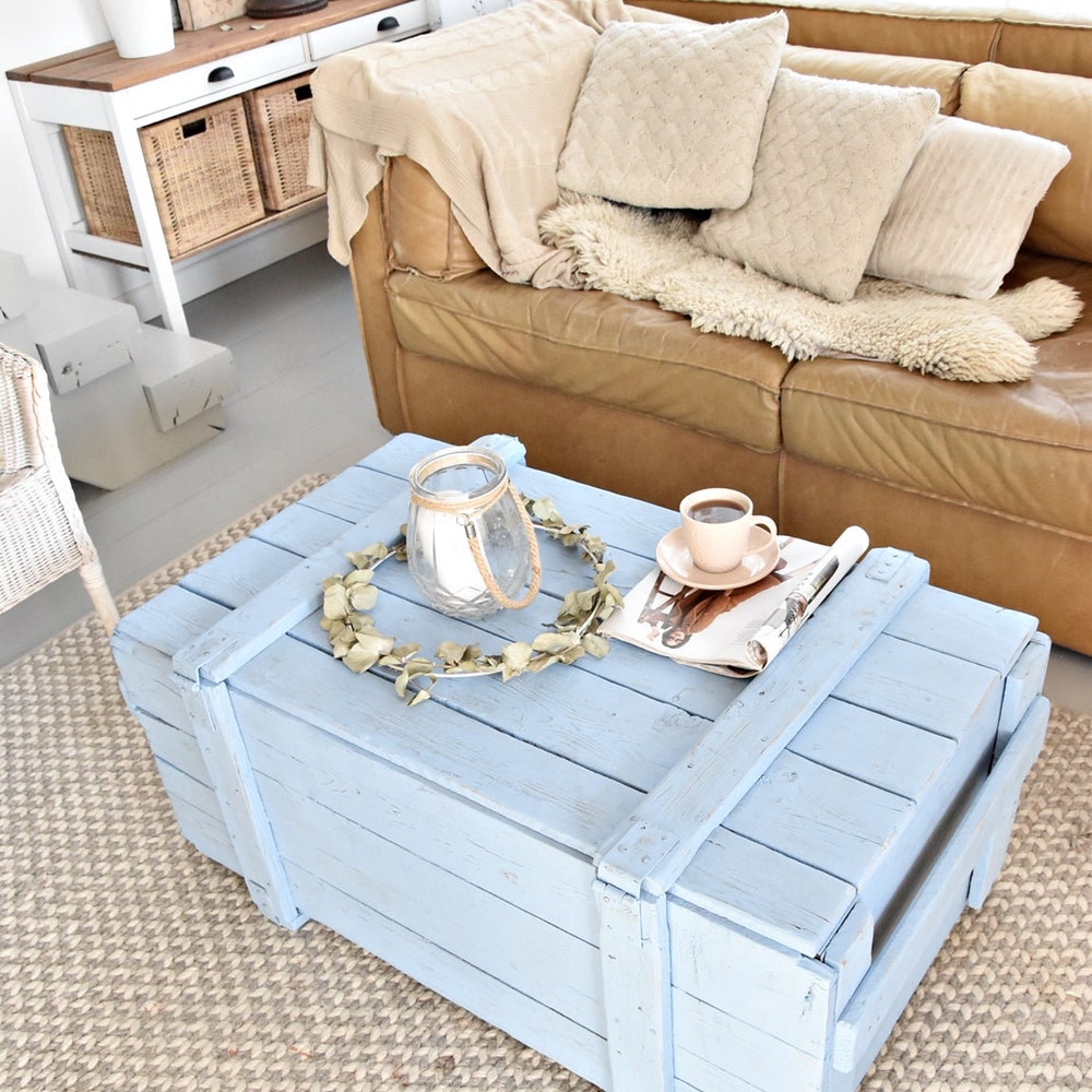 Old pastel blue chest army box coffee table rustic chic style organic country barn wood reclaimed solid wood on wheles massive table MFW - Image 2