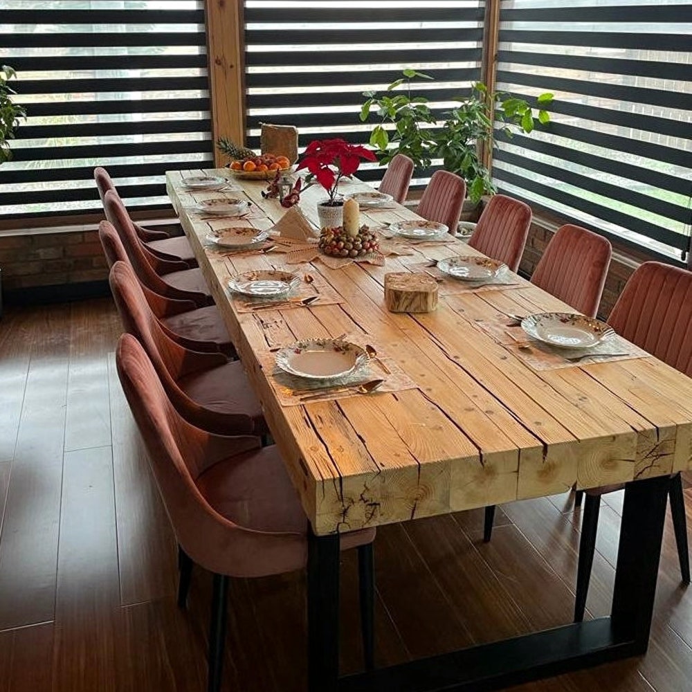 Old beams dining table black steel legs modern country rustic style organic barn wood reclaimed light solid wood massive table MFW design - Image 2