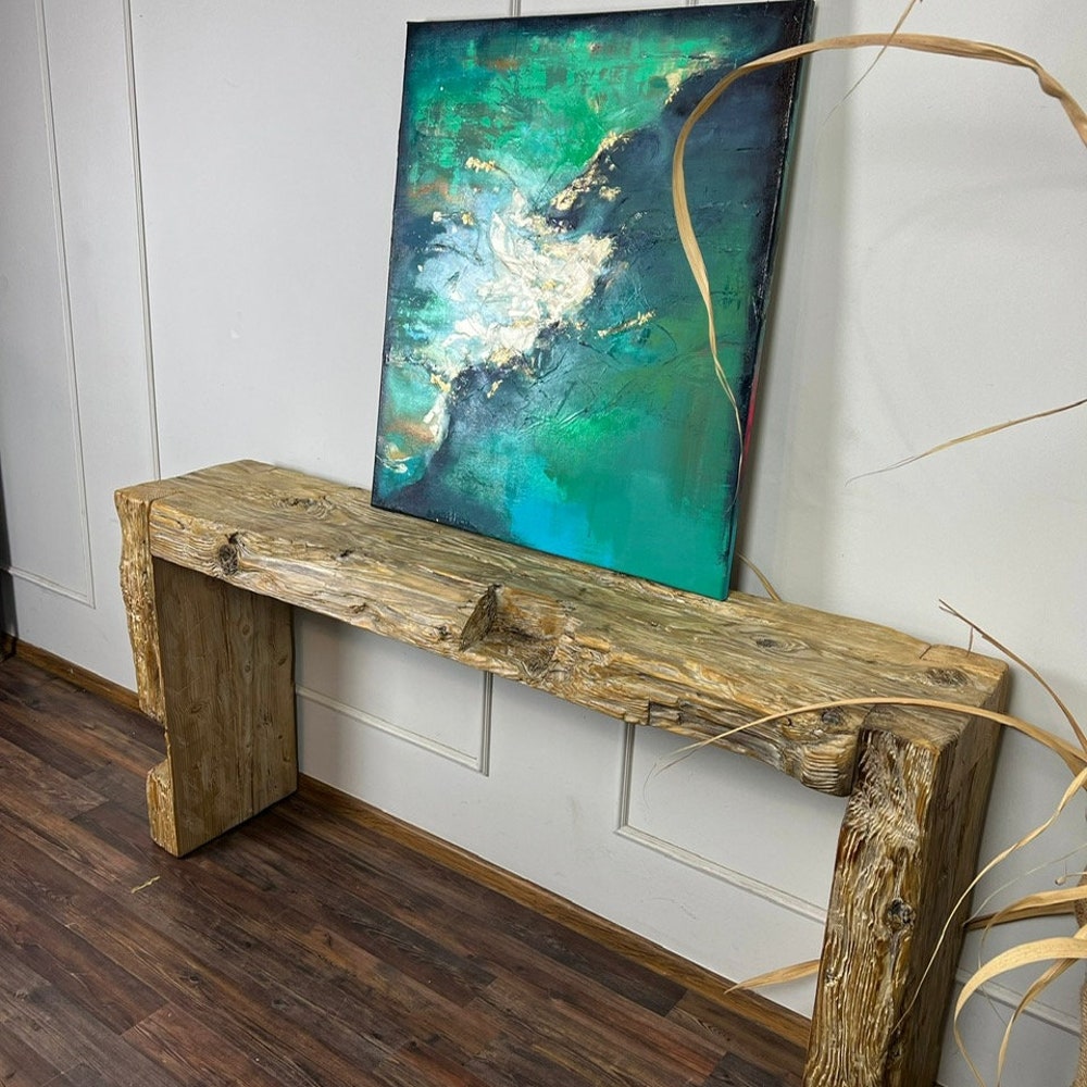 Old beam console table unique dovetail joint old wood rustic style table loft organic reclaimed barn wood entryway table natural boho MFW - Image 2