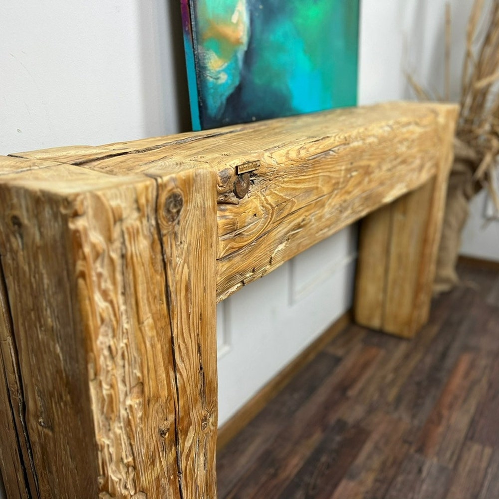 Old beam console table unique dovetail joint wood rustic style table loft organic reclaimed barn wood entryway end table natural light MFW - Image 7