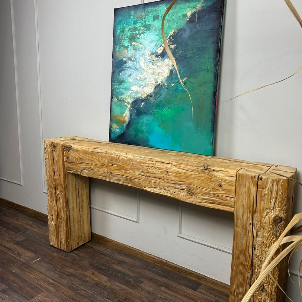 Old beam console table unique dovetail joint wood rustic style table loft organic reclaimed barn wood entryway end table natural light MFW - Image 4
