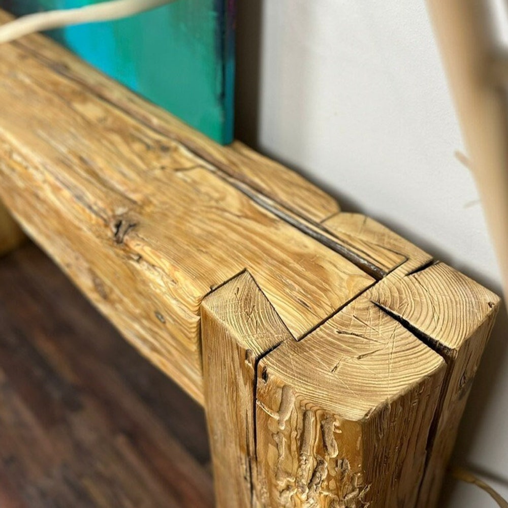 Old beam console table unique dovetail joint wood rustic style table loft organic reclaimed barn wood entryway end table natural light MFW - Image 2