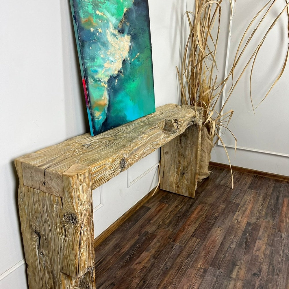 Old beam console table unique dovetail joint old wood rustic style table loft organic reclaimed barn wood entryway table natural boho MFW - Image 4