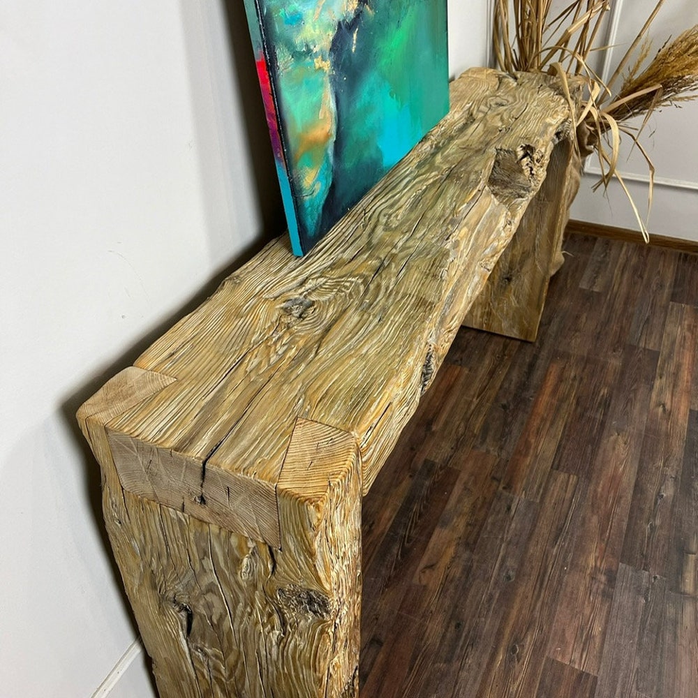 Old beam console table unique dovetail joint old wood rustic style table loft organic reclaimed barn wood entryway table natural boho MFW - Image 5