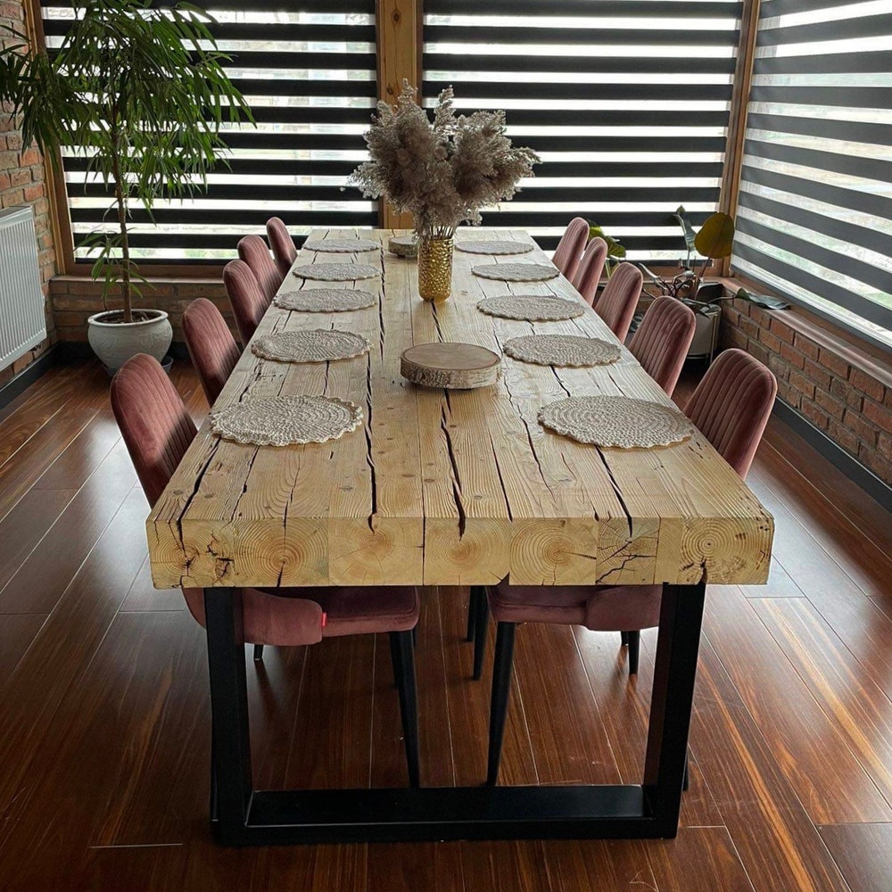 Reclaimed beams dining table Black steel legs Industrial loft rustic style organic barn wood Solid massive table Old natural beams MFWdesign - Image 2
