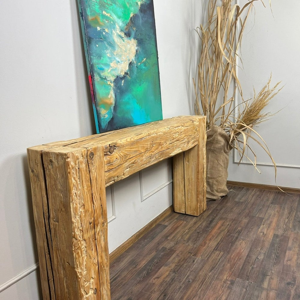 Old beam console table unique dovetail joint wood rustic style table loft organic reclaimed barn wood entryway end table natural light MFW - Image 6