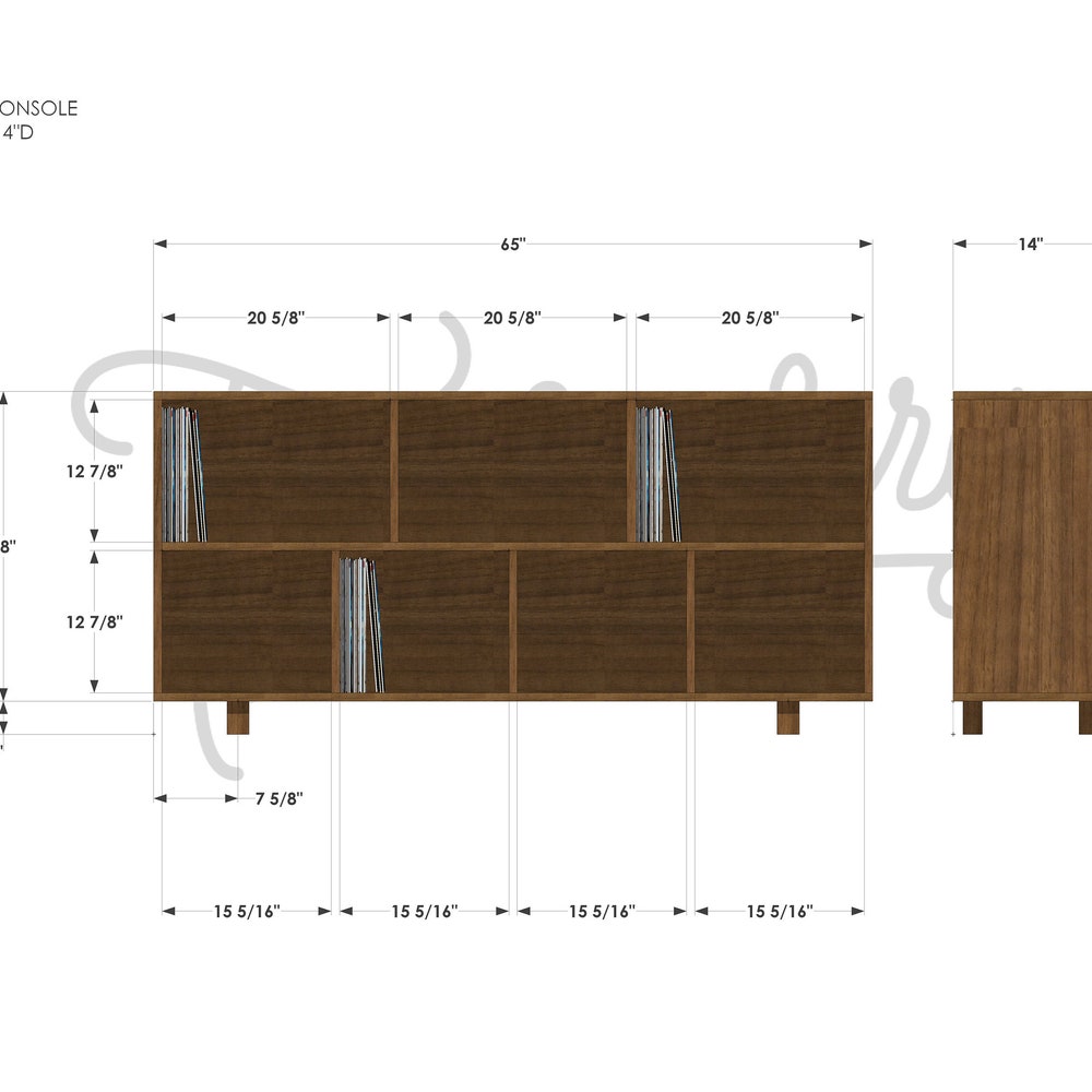 Sesto Vinyl Console, 65"W, Vinyl Storage Bookcase, Mid-Century Modern Bookshelf, Modern Record Storage (Shown in Walnut) - Image 7