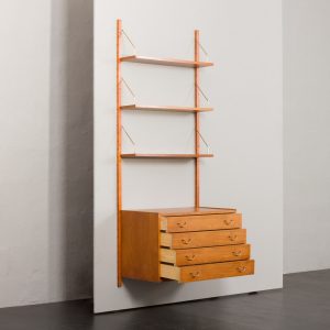 Danish one bay mid century wall unit with chest of drawers and brass hardware, 1950s