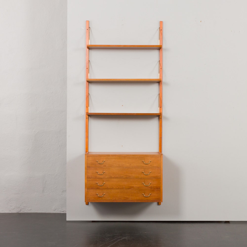 Danish one bay mid century wall unit with chest of drawers and brass hardware, 1950s - Image 4