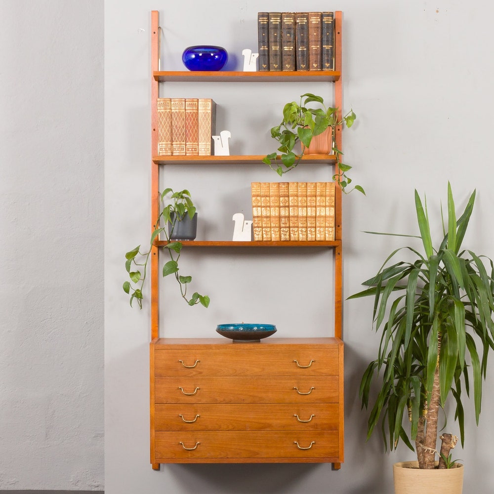 Danish one bay mid century wall unit with chest of drawers and brass hardware, 1950s - Image 3
