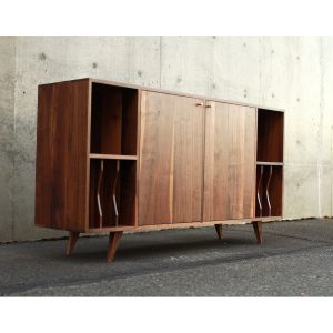 Romo Vinyl Console, Mid-Century Modern LP Storage, Modern Sideboard, Solid Wood Record Storage (Shown in Walnut)