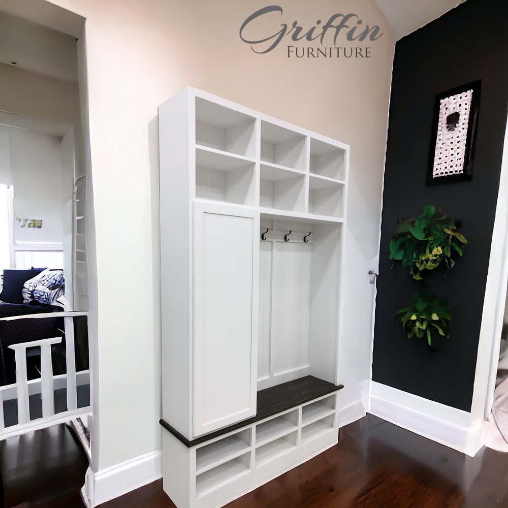 Portland Entryway Bench with Coat Rack | 3-Section Hall Tree | Mudroom Organizer | Shoe Storage Bench | Custom Solid Wood Furniture