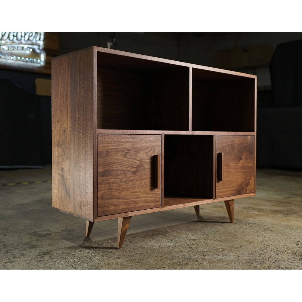 Couzens Vinyl LP Console, 2 Door, 45"W, Bookcase, Vinyl Storage, Modern, Record Player Console (Shown in Walnut)