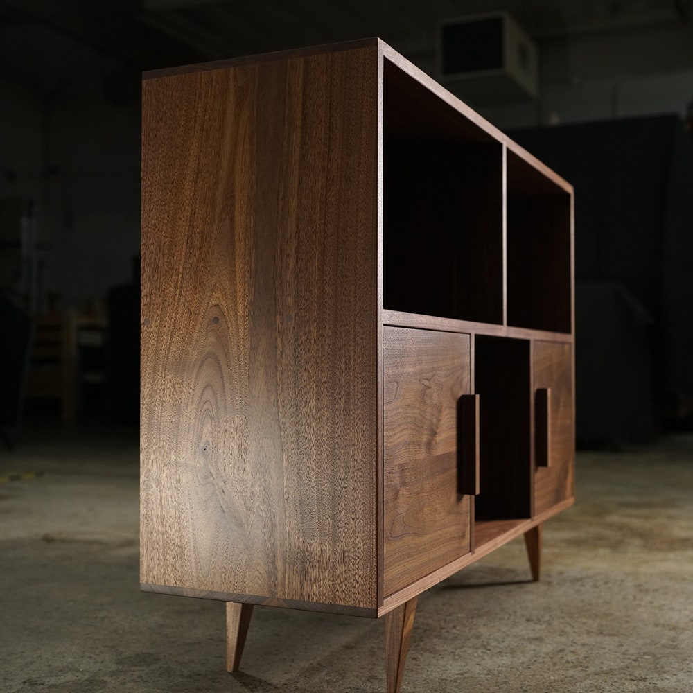 Couzens Vinyl LP Console, 2 Door, 45"W, Bookcase, Vinyl Storage, Modern, Record Player Console (Shown in Walnut) - Image 3