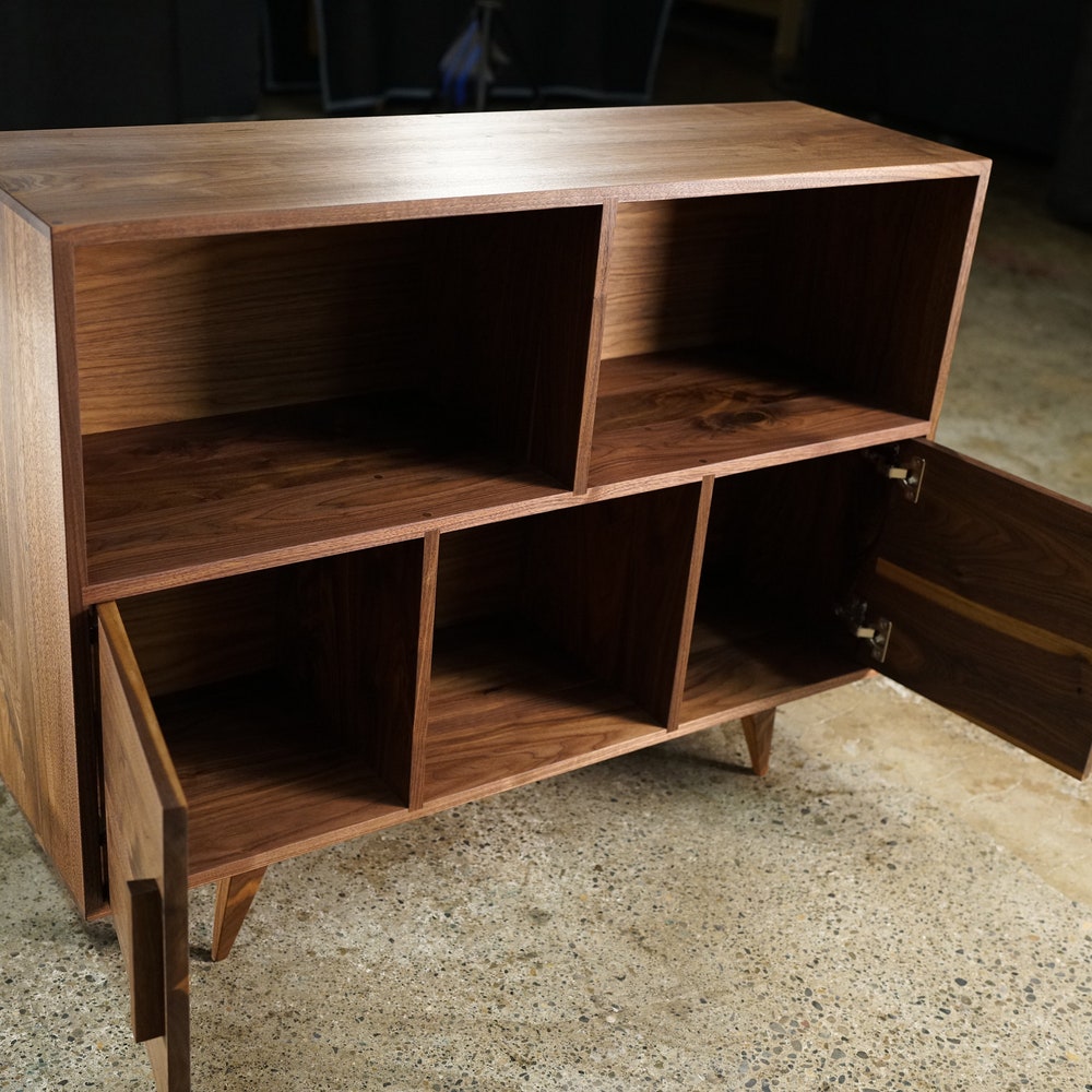 Couzens Vinyl LP Console, 2 Door, 45"W, Bookcase, Vinyl Storage, Modern, Record Player Console (Shown in Walnut) - Image 4