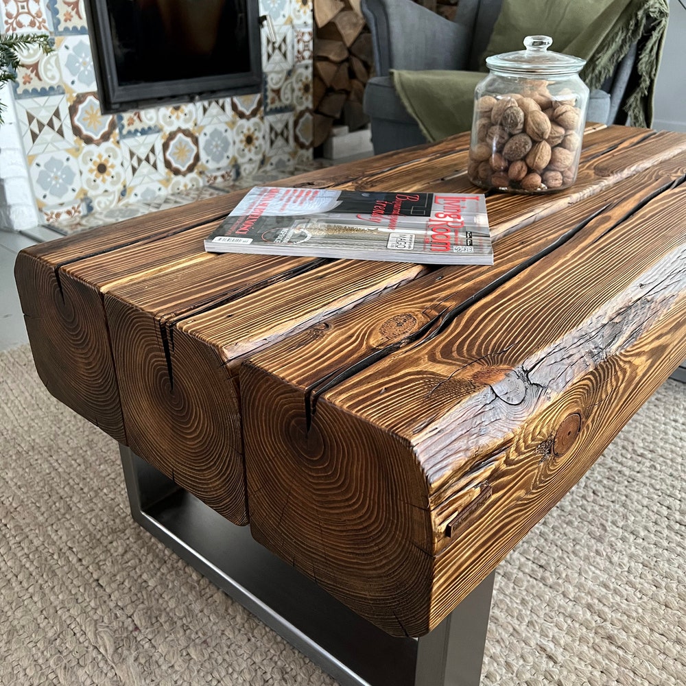 Old beams coffee table silver legs rustic loft style organic barn wood reclaimed solid wood steel legs massive table dark brown MFW design - Image 6