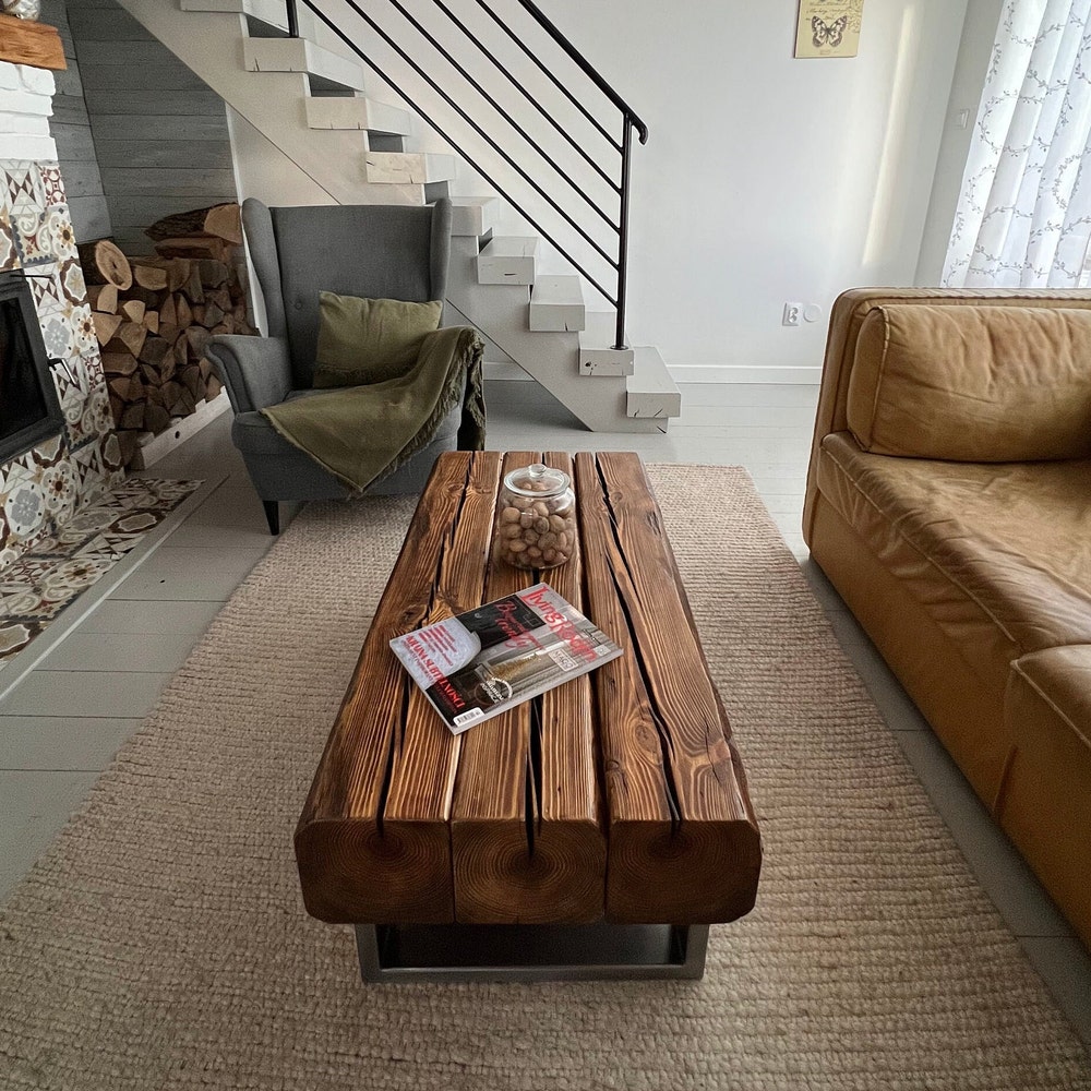 Old beams coffee table silver legs rustic loft style organic barn wood reclaimed solid wood steel legs massive table dark brown MFW design - Image 5