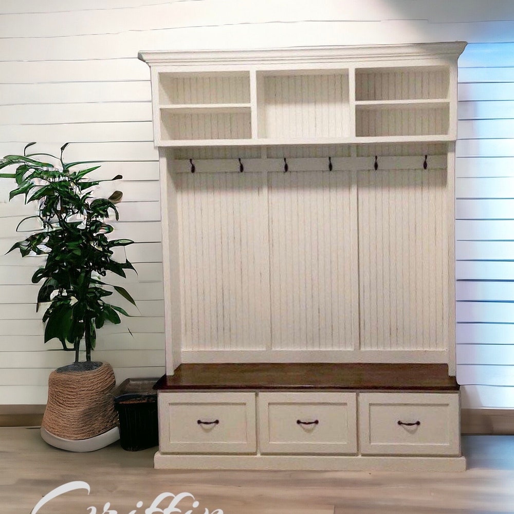 Midland Entryway Bench with Shoe Storage | 3-Section Mudroom Organizer | Custom Wood Hallway Bench with Cubbies