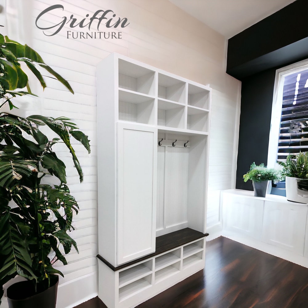 Portland Entryway Bench with Coat Rack | 3-Section Hall Tree | Mudroom Organizer | Shoe Storage Bench | Custom Solid Wood Furniture - Image 5