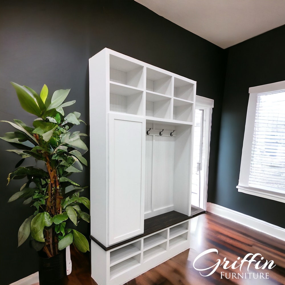 Portland Entryway Bench with Coat Rack | 3-Section Hall Tree | Mudroom Organizer | Shoe Storage Bench | Custom Solid Wood Furniture - Image 6