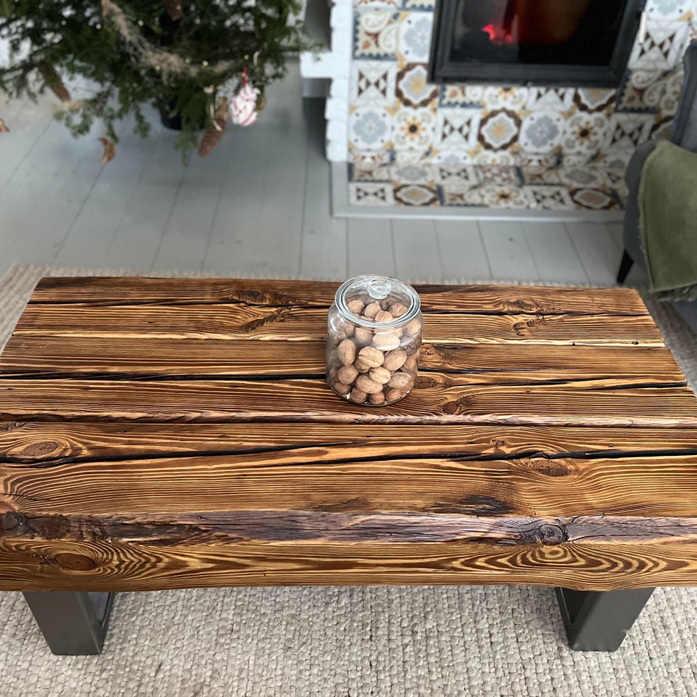 Old beams coffee table silver legs rustic style organic barn wood reclaimed solid steel legs massive thick table warm dark brown MFW design - Image 4