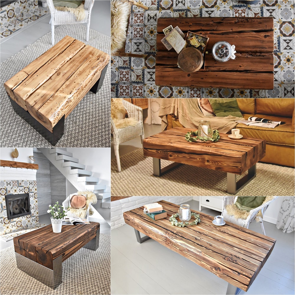 Old beams coffee table silver legs rustic style organic barn wood reclaimed solid steel legs massive thick table warm dark brown MFW design - Image 10