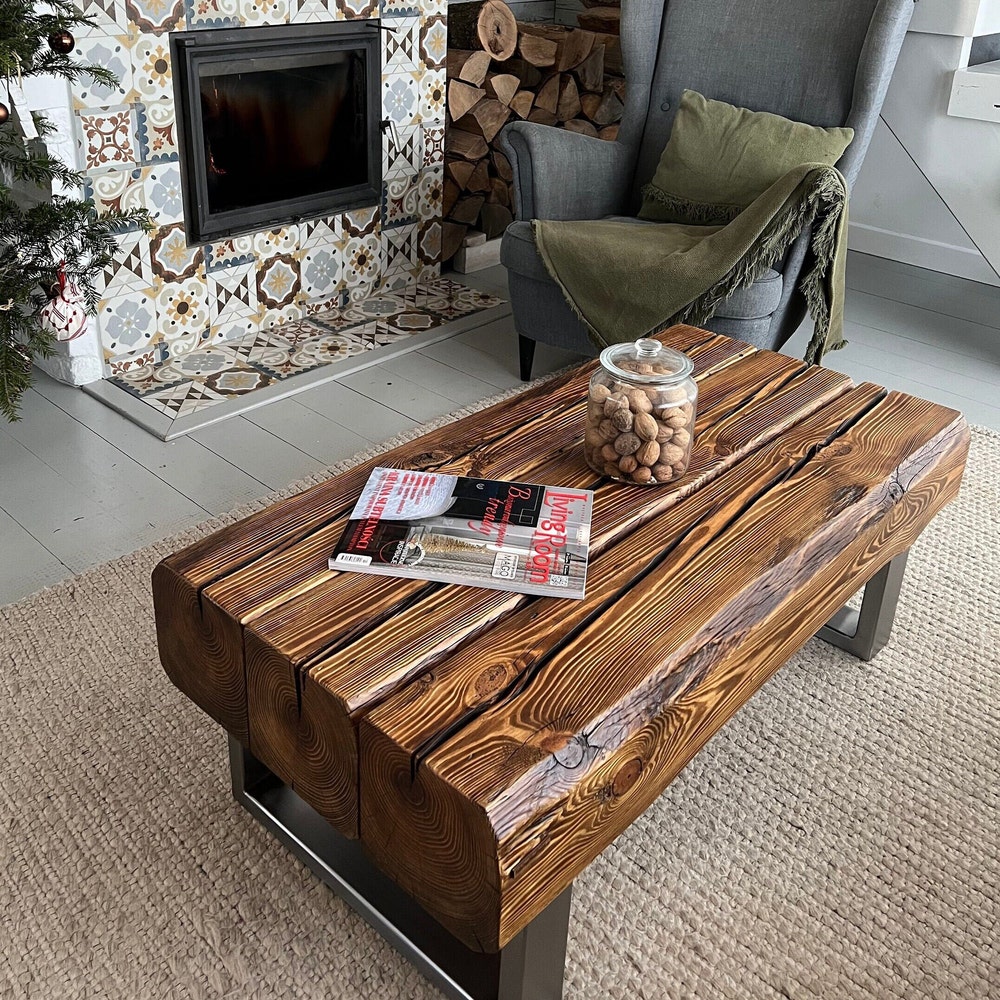Old beams coffee table silver legs rustic loft style organic barn wood reclaimed solid wood steel legs massive table dark brown MFW design - Image 2