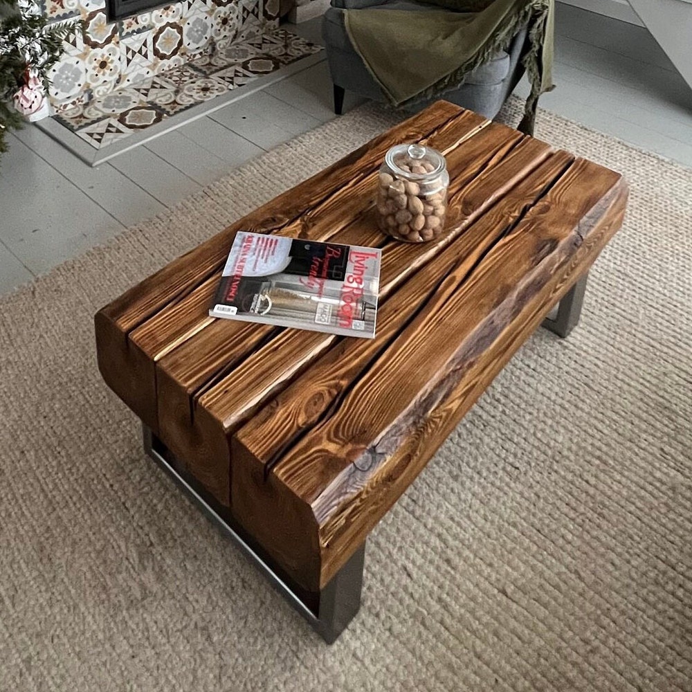 Old beams coffee table silver legs rustic style organic barn wood reclaimed solid steel legs massive thick table warm dark brown MFW design