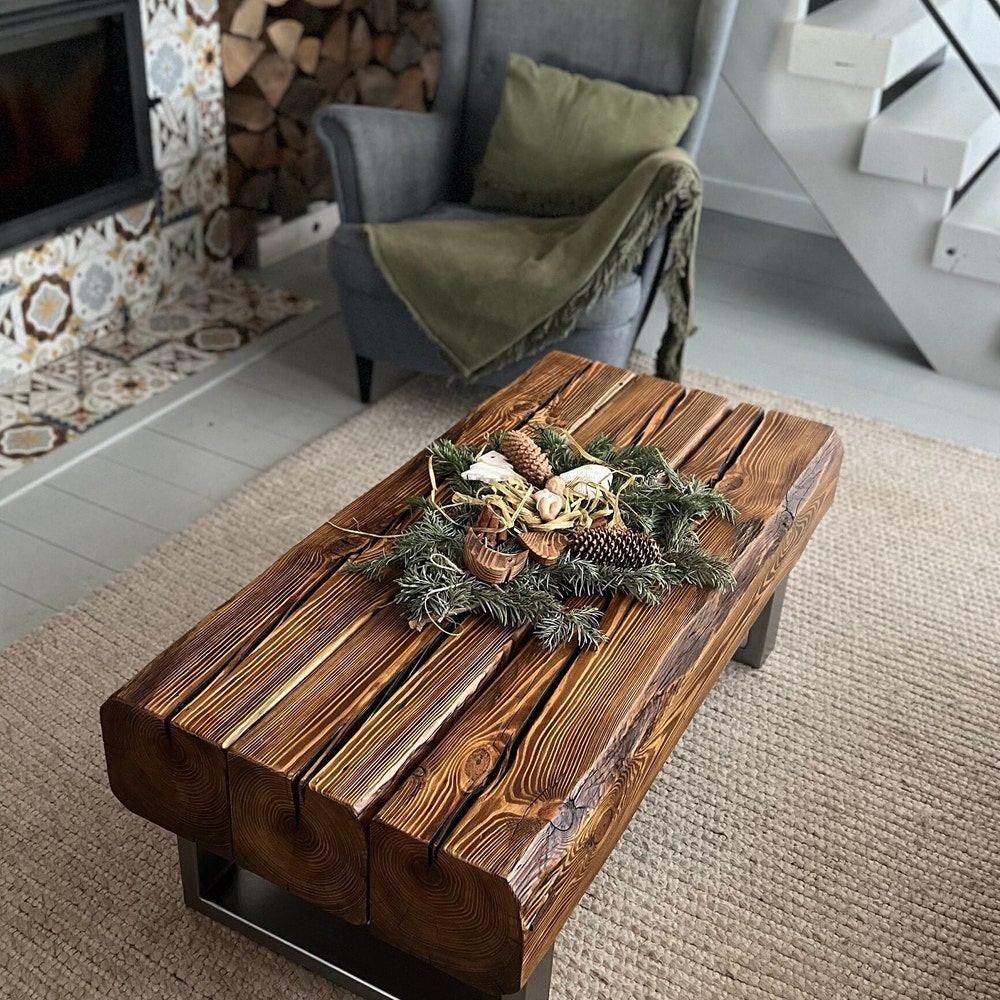 Old beams coffee table silver legs rustic loft style organic barn wood reclaimed solid wood steel legs massive table dark brown MFW design - Image 8