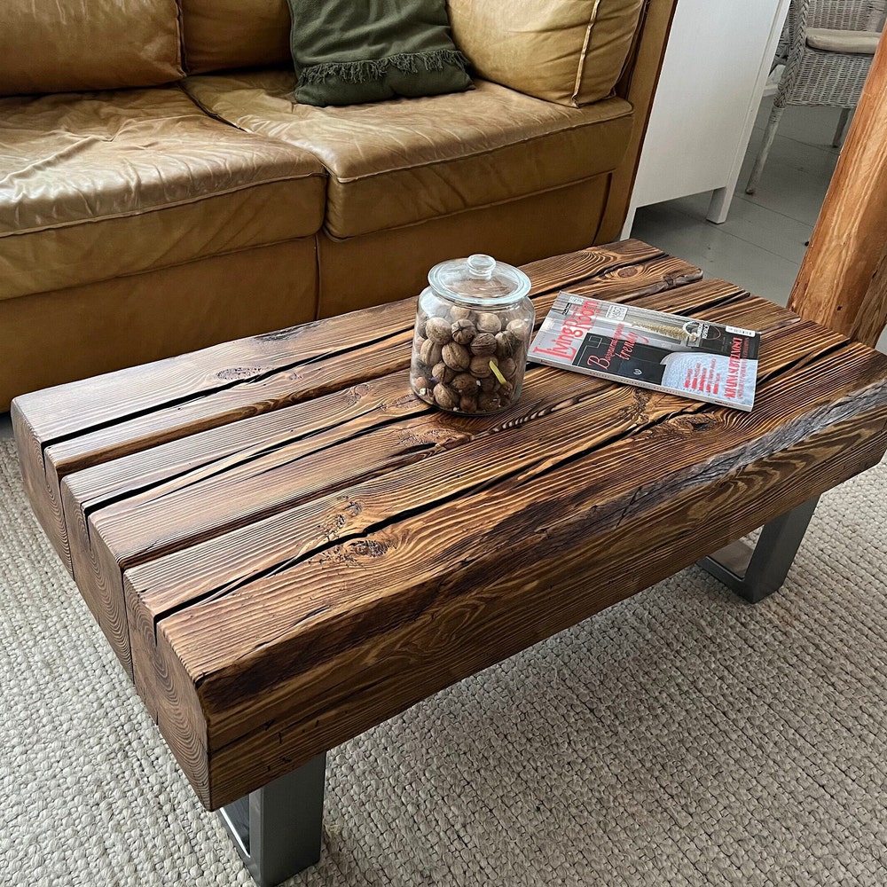 Old beams coffee table silver legs rustic style organic barn wood reclaimed solid steel legs massive thick table warm dark brown MFW design - Image 3