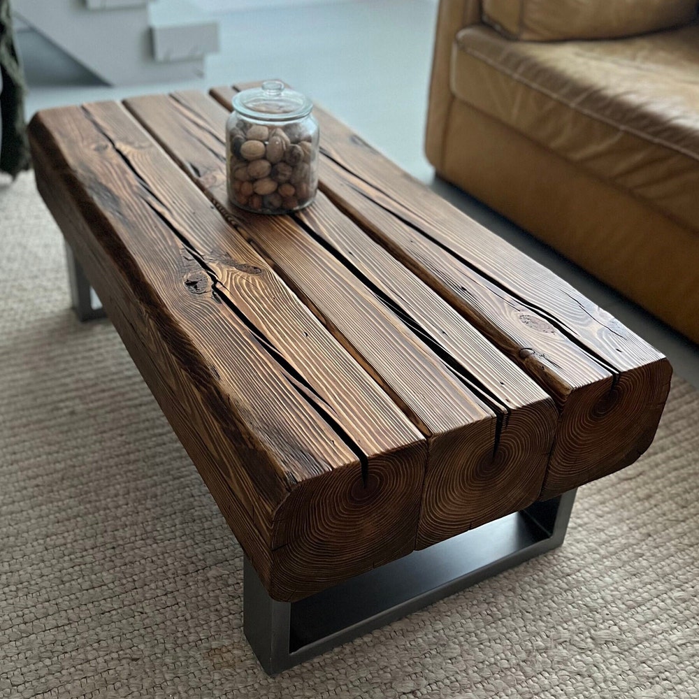 Old beams coffee table silver legs rustic loft style organic barn wood reclaimed solid wood steel legs massive table dark brown MFW design - Image 7