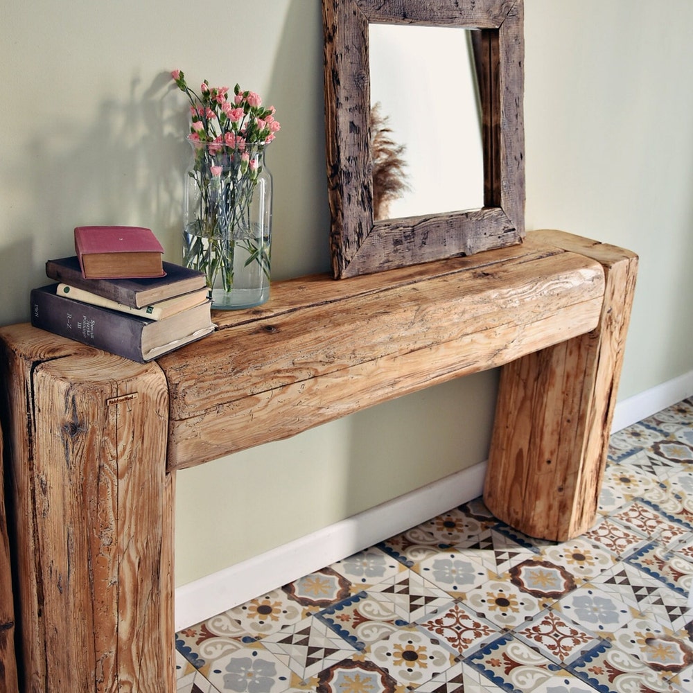 Old beam console table unique old wood rustic style table loft organic reclaimed barn wood entryway table rough wood natural rustic MFW