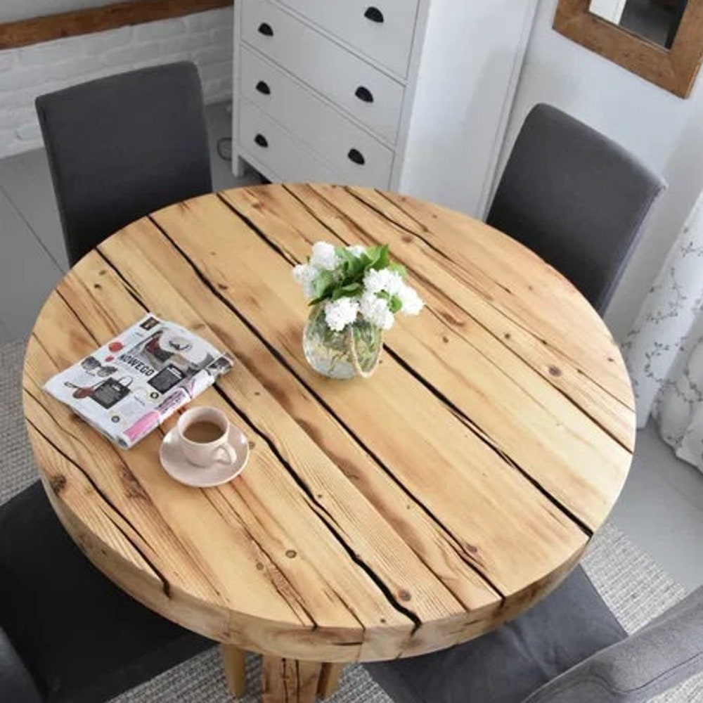 Round table reclaimed beams dining table rustic style organic barn wood Solid massive table Old natural beams provencial MFWdesign - Image 4