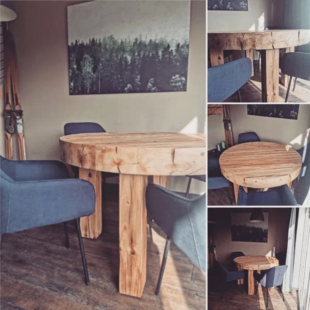 Round table reclaimed beams dining table rustic style organic barn wood Solid massive table Old natural beams provencial MFWdesign - Image 9