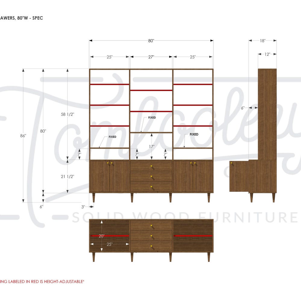 Gilles Hutch, 3 Drawers, Solid Wood Sideboard with Shelves, Mid Century Modern Bookcase, Large Wall Unit (Shown in Walnut) - Image 8