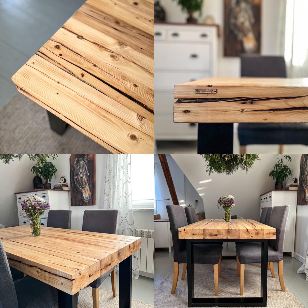 Reclaimed beams dining table Black steel legs Industrial loft rustic style organic barn wood Solid massive table Old natural beams MFWdesign - Image 4