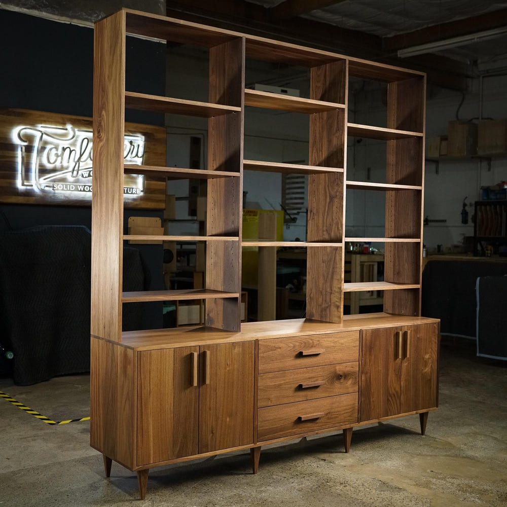 Gilles Hutch, 3 Drawers, Solid Wood Sideboard with Shelves, Mid Century Modern Bookcase, Large Wall Unit (Shown in Walnut)