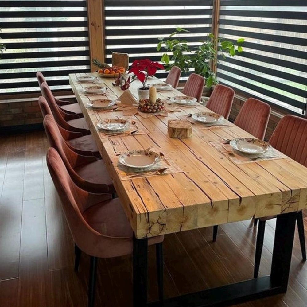 Reclaimed beams dining table Black steel legs Industrial loft rustic style organic barn wood Solid massive table Old natural beams MFWdesign