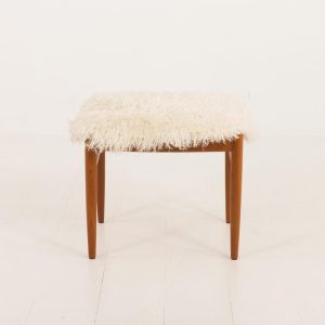 Danish teak footstol in long hair sheepskin by Bramin, 1960s
