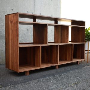 Fields Vinyl Console, 65"W, Solid Hardwood Bookshelf, Vinyl Storage Shelf, Mid-Century Modern Bookcase (Shown in Walnut)