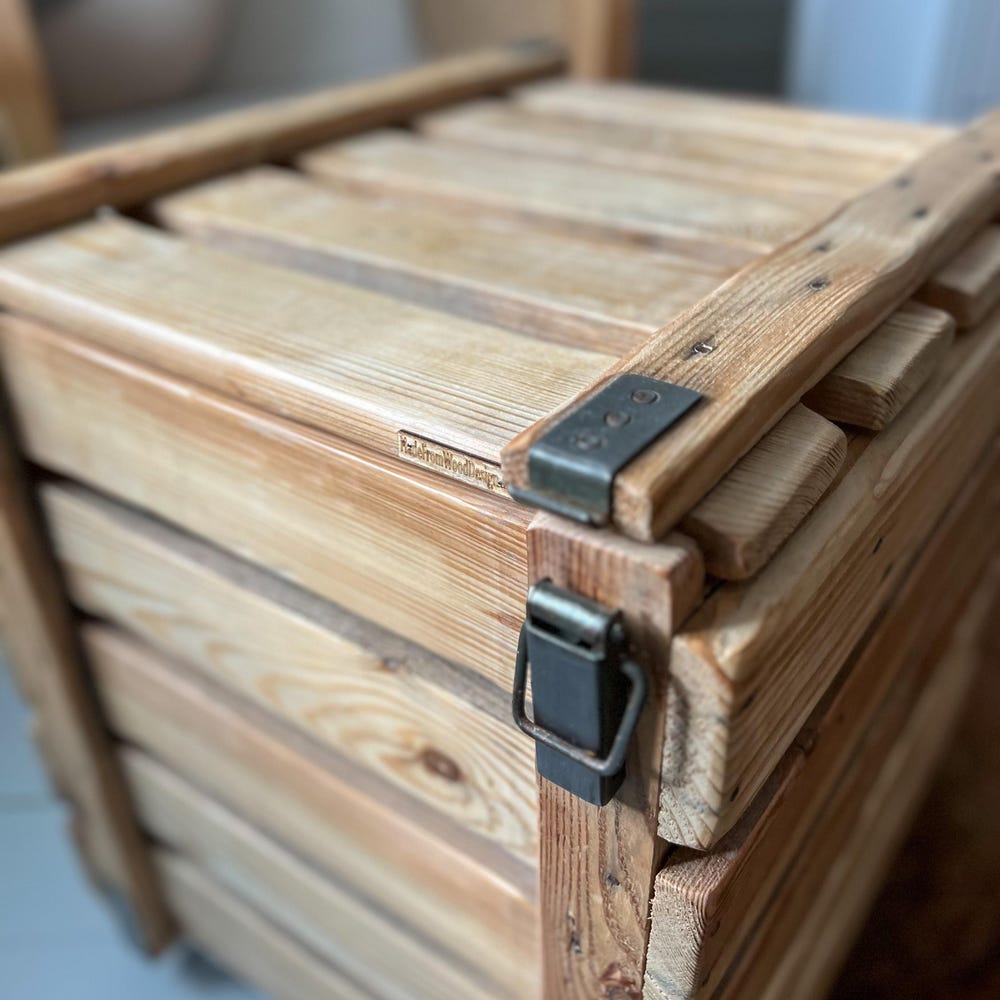 Old square chest box vitage military coffee table rustic country style organic redesign reclaimed solid pine light wood on wheles MFWdesign - Image 5